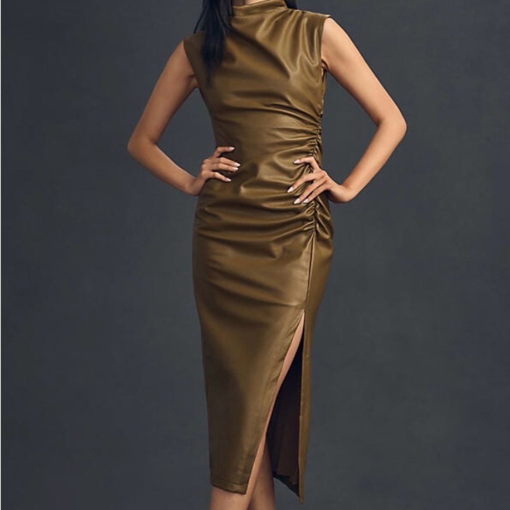 Anthropologie The Maya Ruched Cowl-Neck Midi Dress: The Faux Leather Edition